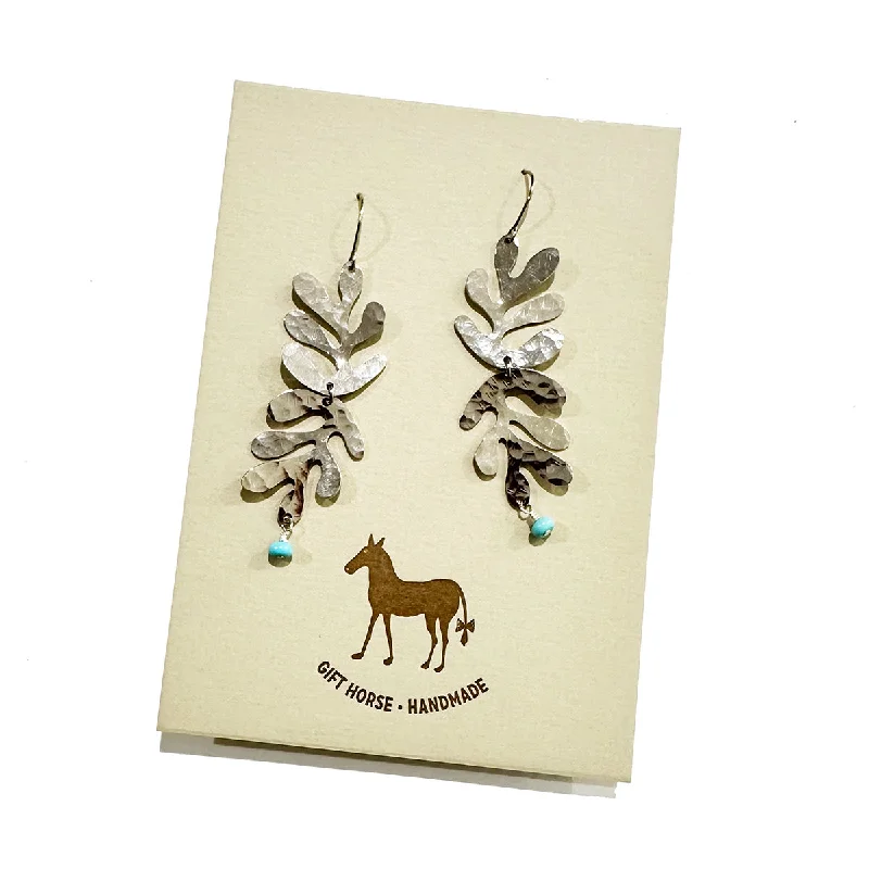 Staggered hoop earrings-White Gold Leaf Earrings with Turquoise