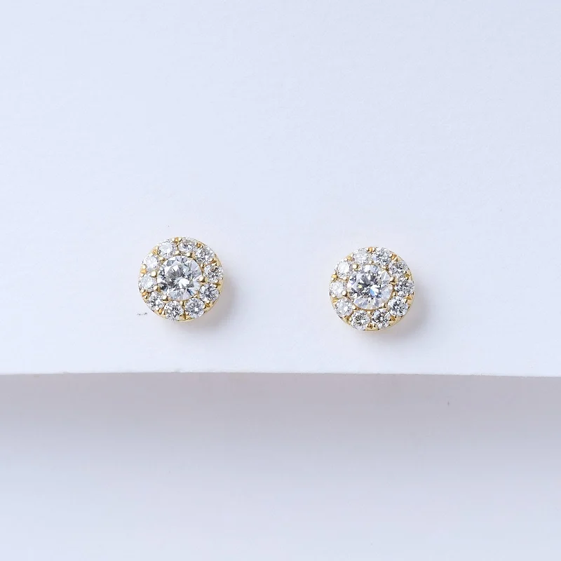 Textured earrings-Yellow Gold Diamond Halo Stud Earrings